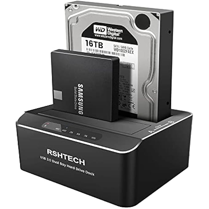 Rshtech USB 3.0 HARD DRIVE DOCKING STATION, ALUMINIUM DUAL BAY HARD DRIVE DOCKING STATION WITH OFFLINE CLONING & AUTOMATIC SLEEP MODE FOR 2.5 & 3.5 INCH SATA HDD SSD, SUPPORTS 2X16TB & UASP - Image 1