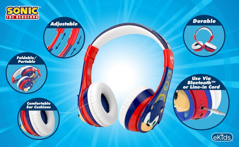 eKids Sonic The Hedgehog Bluetooth Headphones for Kids, Wireless Headphones with Microphone, Includes Aux Cord (Sonic) - Image 2