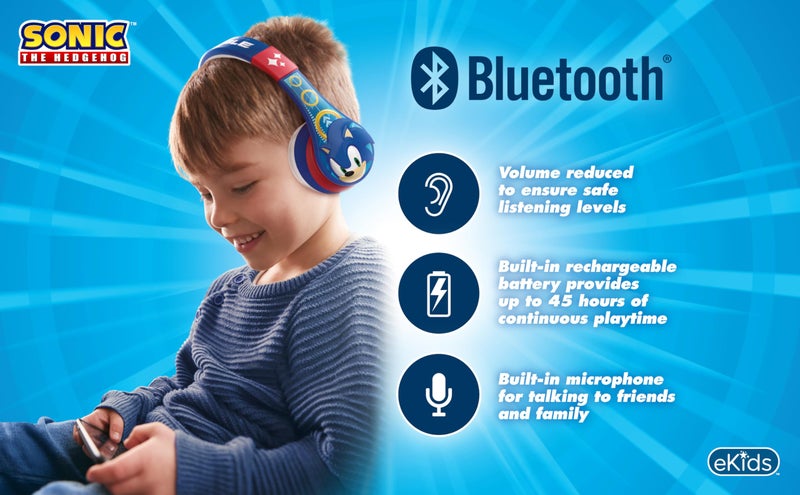 eKids Sonic The Hedgehog Bluetooth Headphones for Kids, Wireless Headphones with Microphone, Includes Aux Cord (Sonic) - Image 3