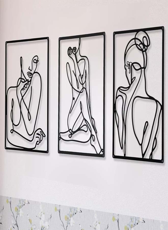 3 قطع من فن الجدار المعدني الزخرفي البدوي المجرد، فن جدار المرأة الحديث، رسم خطوط معاصر، زخرفة جدار منزلية بخط واحد للمرأة، لتعليق في غرفة النوم أو المطبخ أو الحمام أو غرفة المعيشة (أسود، معاصر) - Image 1