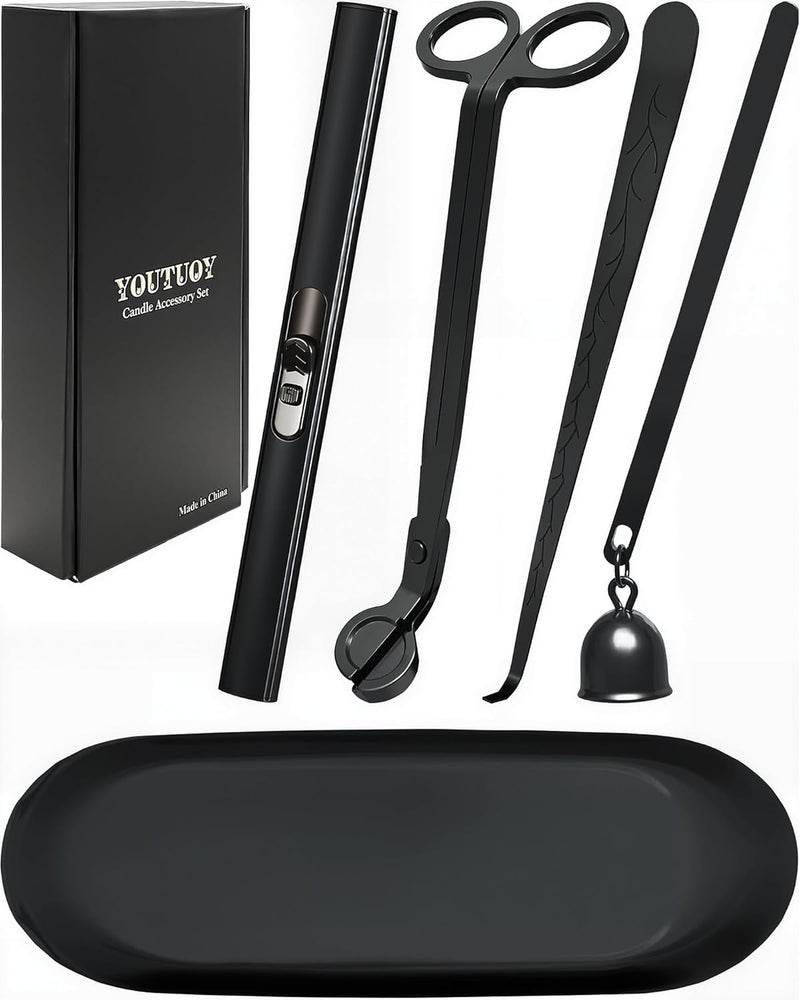 YOUTUOY 5 in1 Candle Accessory Set with Rechargeable Candle Lighter, Candle Wick Trimmer, Candle Wick Snuffer, Candle Wick Dipper, Storage Tray Plate, Candle Care Kit (Matte Black) - Image 1