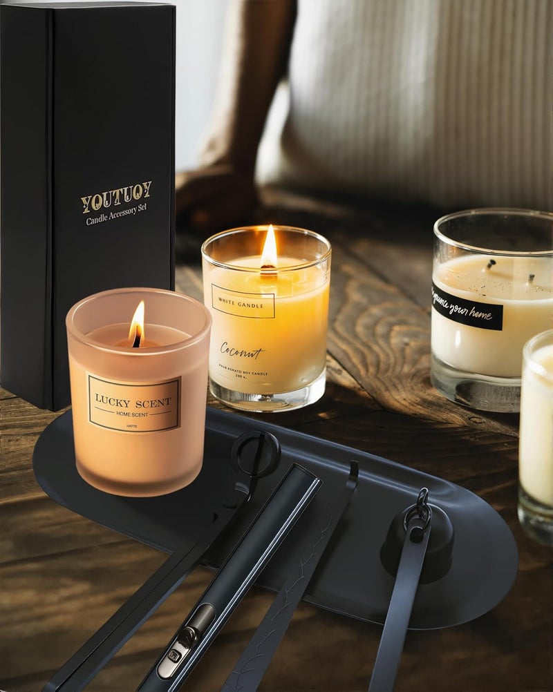YOUTUOY 5 in1 Candle Accessory Set with Rechargeable Candle Lighter, Candle Wick Trimmer, Candle Wick Snuffer, Candle Wick Dipper, Storage Tray Plate, Candle Care Kit (Matte Black) - Image 2