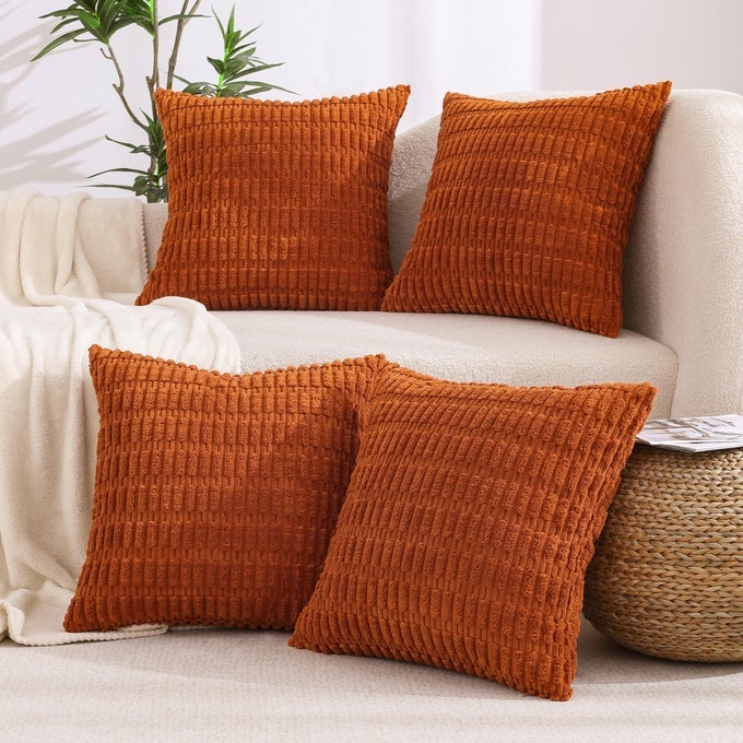 FALL DECORATIVE THROW PILLOW COVERS 18X18 SET OF 4 RUST THANKSGIVING HALLOWEEN FARMHOUSE HOME CORDUROY SQUARE CUSHION CASE FOR DECOR LIVING ROOM COUCH BED SOFABOHO TERRACOTTA ORANGE