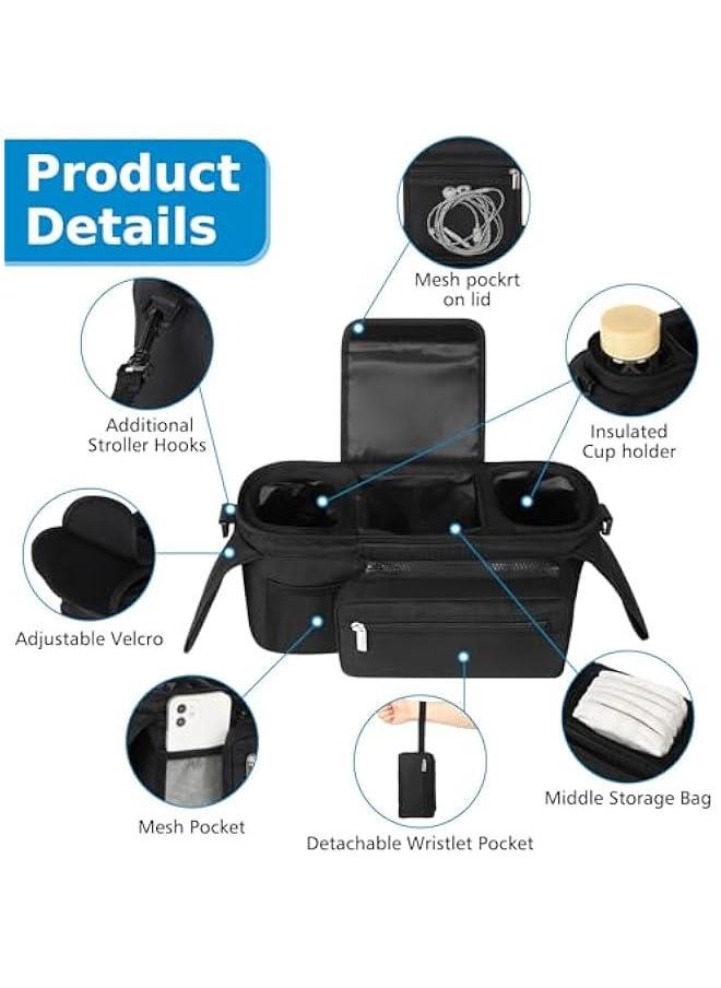 HOOKOR Universal Stroller Organizer with Insulated Cup Holder Detachable Phone Bag and Shoulder Strap,Stroller Bag Caddy Organizer Accessories Fits for Uppababy, Baby Jogger, Strollers (Black)  - Image 4