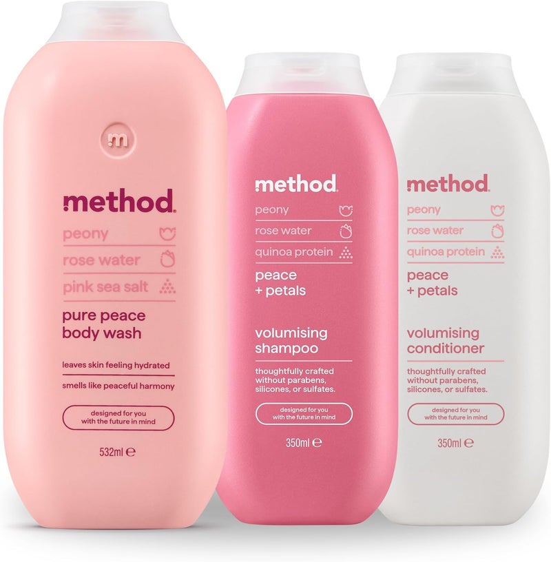 Method Pure Peace Regime Kit Pure Peace Shampoo 1x 350ml Conditionner 1x 350ml and Body Wash 532 ml Peony Rose Water Quinoa Protein Scent SulphateFree