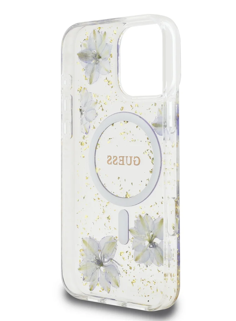 GUESS Magsafe Hard Case with Resin Flowers Design For iPhone 16 Pro / Drop protection / Comfortable Grip- Purple