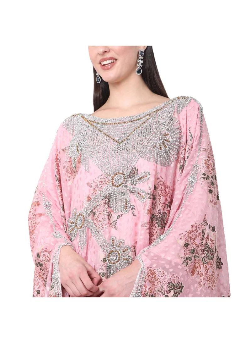 HANA & SARA HEAVY FANCY EMBELLISHED STONE WORK WITH FLORAL PRINTED DESIGNER ARABIC KAFTAN JALABIYA DRESES