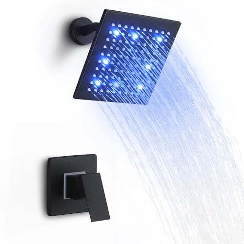 SKOWLL Shower Faucet Set Matte Black, Bathroom Wall Mount 8 Inch LED Shower Head Set, Single Function Shower Trim Kit with Rough-in Valve - Image 1