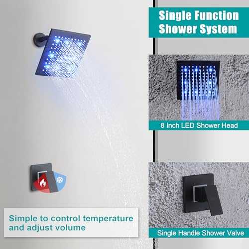 SKOWLL Shower Faucet Set Matte Black, Bathroom Wall Mount 8 Inch LED Shower Head Set, Single Function Shower Trim Kit with Rough-in Valve - Image 3