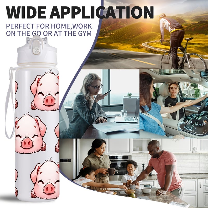 Sports Water Bottle with Straw 26oz/760ml, Cute Pink Cartoon Pig Pattern, for Gym Outdoor Travel, Festival Gift - Image 5
