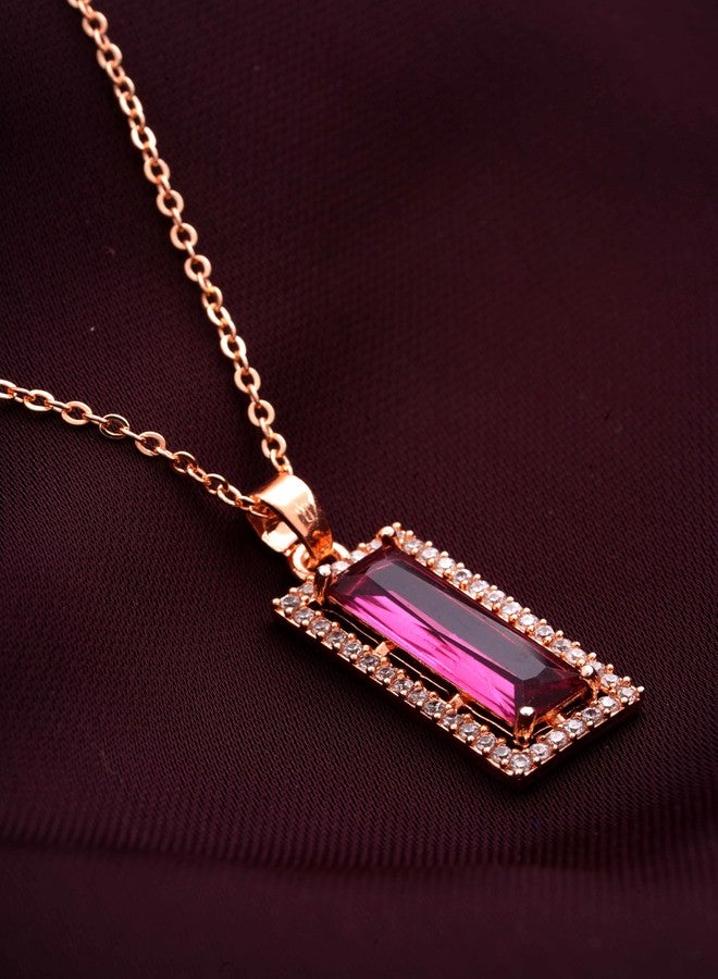 STYOLLO Designer Rose Gold Pendant Necklace with Baguette Shaped American Diamond Jewellery Set For Women & Girls | Gold Red Stone Necklace for women Latest | Necklace set for Girls-(Rose-Red) - Image 2