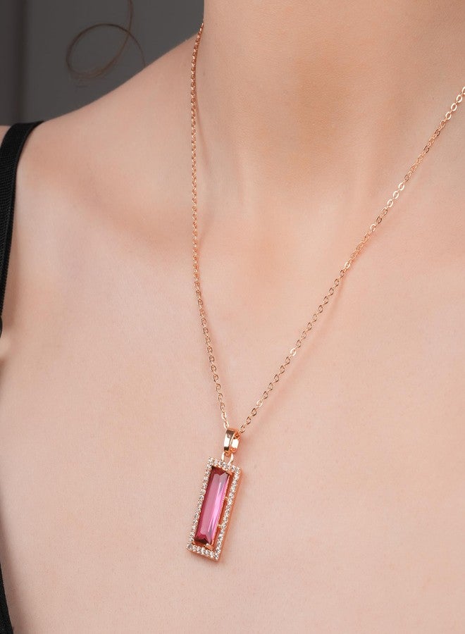 STYOLLO Designer Rose Gold Pendant Necklace with Baguette Shaped American Diamond Jewellery Set For Women & Girls | Gold Red Stone Necklace for women Latest | Necklace set for Girls-(Rose-Red) - Image 3