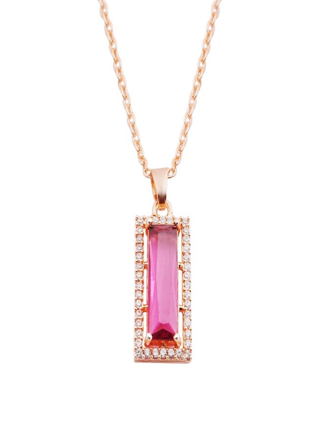 STYOLLO Designer Rose Gold Pendant Necklace with Baguette Shaped American Diamond Jewellery Set For Women & Girls | Gold Red Stone Necklace for women Latest | Necklace set for Girls-(Rose-Red) - Image 1