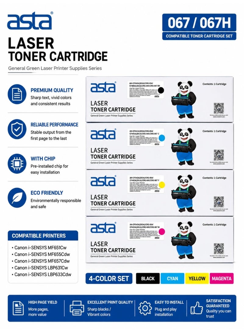 ASTA Compatible Canon 067 / 067H Toner Cartridge Set with Chip (Black, Cyan, Yellow, Magenta) Replacement for Canon i-SENSYS MF651Cw, MF655Cdw, MF657Cdw, LBP631Cw, LBP633Cdw Printers - Image 1