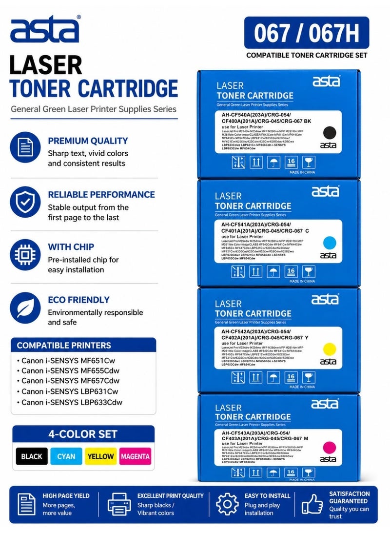 ASTA Compatible Canon 067 / 067H Toner Cartridge Set with Chip (Black, Cyan, Yellow, Magenta) Replacement for Canon i-SENSYS MF651Cw, MF655Cdw, MF657Cdw, LBP631Cw, LBP633Cdw Printers - Image 2
