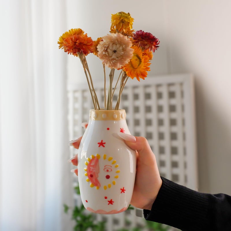 Tnstbiee Cute Boho Small Cream Ceramic Bud Vase, Sun and Moon Round Decorative Vase for Dried Flowers/Single Rose/Pampas Grass, Modern Table Vase for Entryway Dining Coffee Table, Unique Home Gift - Image 3