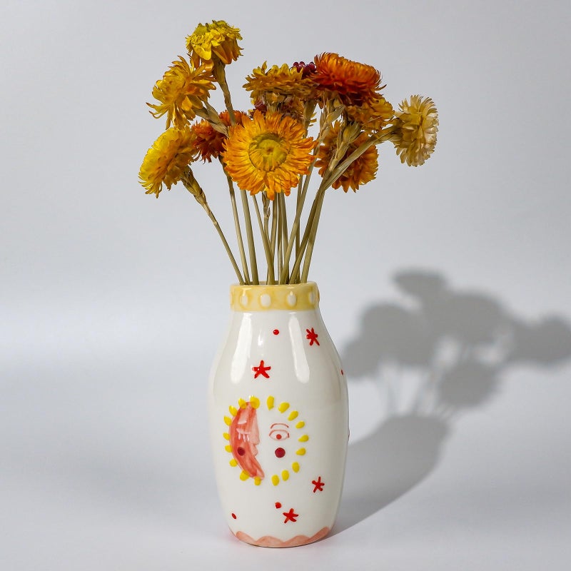 Tnstbiee Cute Boho Small Cream Ceramic Bud Vase, Sun and Moon Round Decorative Vase for Dried Flowers/Single Rose/Pampas Grass, Modern Table Vase for Entryway Dining Coffee Table, Unique Home Gift - Image 5