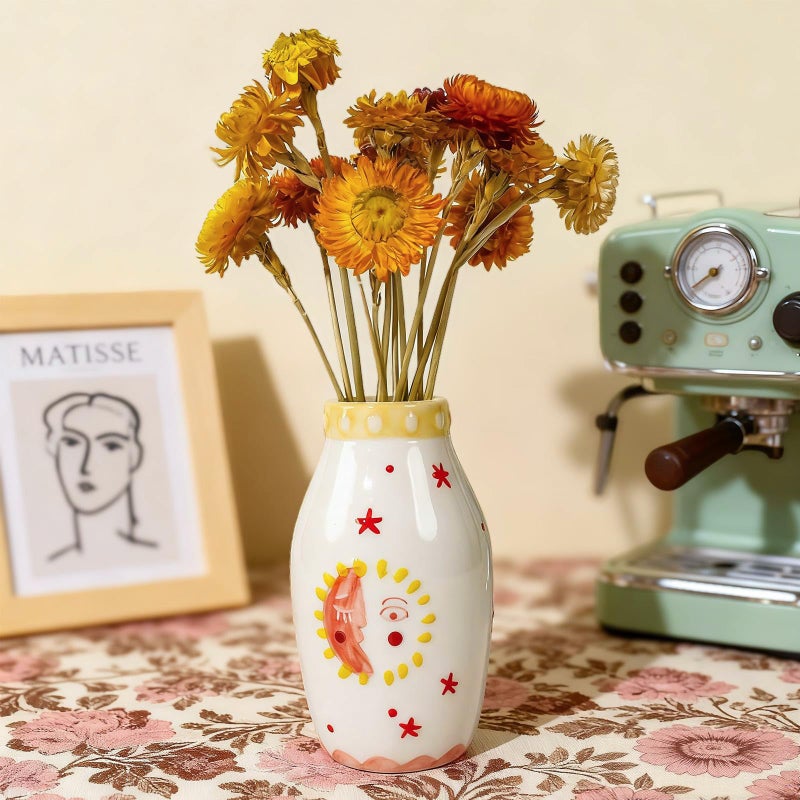 Tnstbiee Cute Boho Small Cream Ceramic Bud Vase, Sun and Moon Round Decorative Vase for Dried Flowers/Single Rose/Pampas Grass, Modern Table Vase for Entryway Dining Coffee Table, Unique Home Gift - Image 4