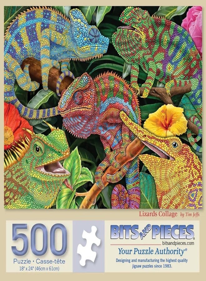 Bits and Pieces – Jigsaw Puzzle for Adults – Lizards Collage - Colorful Reptiles Jigsaw Puzzle by Tim Jeffs (500 Piece Puzzle) - Image 1