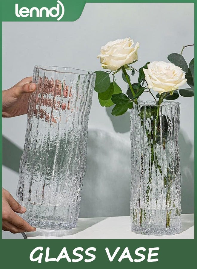 لينند مزهرية زجاجية أسطوانية حديثة - مزهرية جليدية شفافة كبيرة مزخرفة يدويًا بقاعدة جليدية صلبة للمنزل والمكتب وديكور الزفاف والهدايا وعيد الميلاد (30 × 10 سم) - Image 1