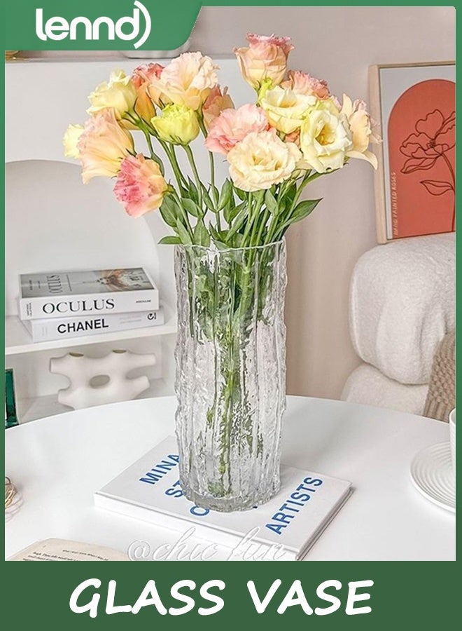 لينند مزهرية زجاجية أسطوانية حديثة - مزهرية جليدية شفافة كبيرة مزخرفة يدويًا بقاعدة جليدية صلبة للمنزل والمكتب وديكور الزفاف والهدايا وعيد الميلاد (30 × 10 سم) - Image 5