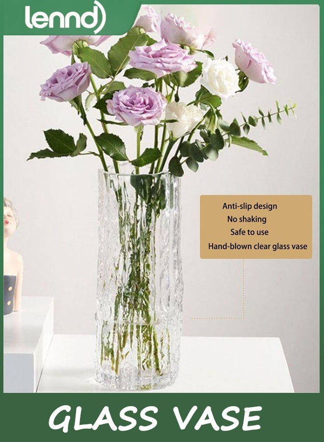 لينند مزهرية زجاجية أسطوانية حديثة - مزهرية جليدية شفافة كبيرة مزخرفة يدويًا بقاعدة جليدية صلبة للمنزل والمكتب وديكور الزفاف والهدايا وعيد الميلاد (30 × 10 سم) - Image 4