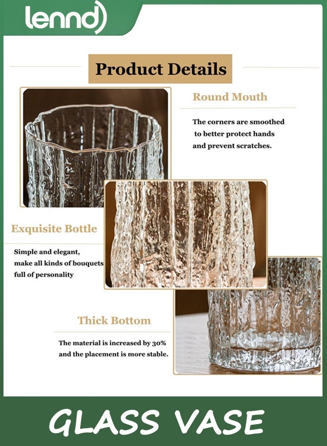 لينند مزهرية زجاجية أسطوانية حديثة - مزهرية جليدية شفافة كبيرة مزخرفة يدويًا بقاعدة جليدية صلبة للمنزل والمكتب وديكور الزفاف والهدايا وعيد الميلاد (30 × 10 سم) - Image 2