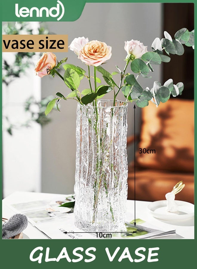لينند مزهرية زجاجية أسطوانية حديثة - مزهرية جليدية شفافة كبيرة مزخرفة يدويًا بقاعدة جليدية صلبة للمنزل والمكتب وديكور الزفاف والهدايا وعيد الميلاد (30 × 10 سم) - Image 3