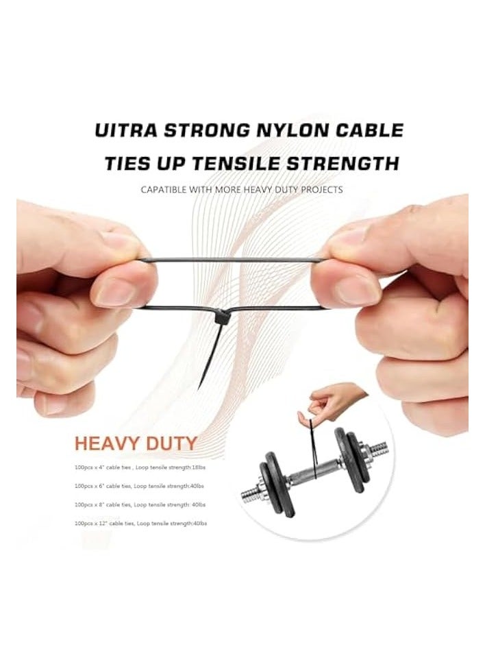 erorex Cable Zip Ties,400 Pack Black Assorted Sizes 12+8+6+4 Inch,Multi-Purpose Self-Locking Nylon Cable Cord Management,Plastic Wire Ties for Home,Office,Garden,Workshop(Black) - Image 3