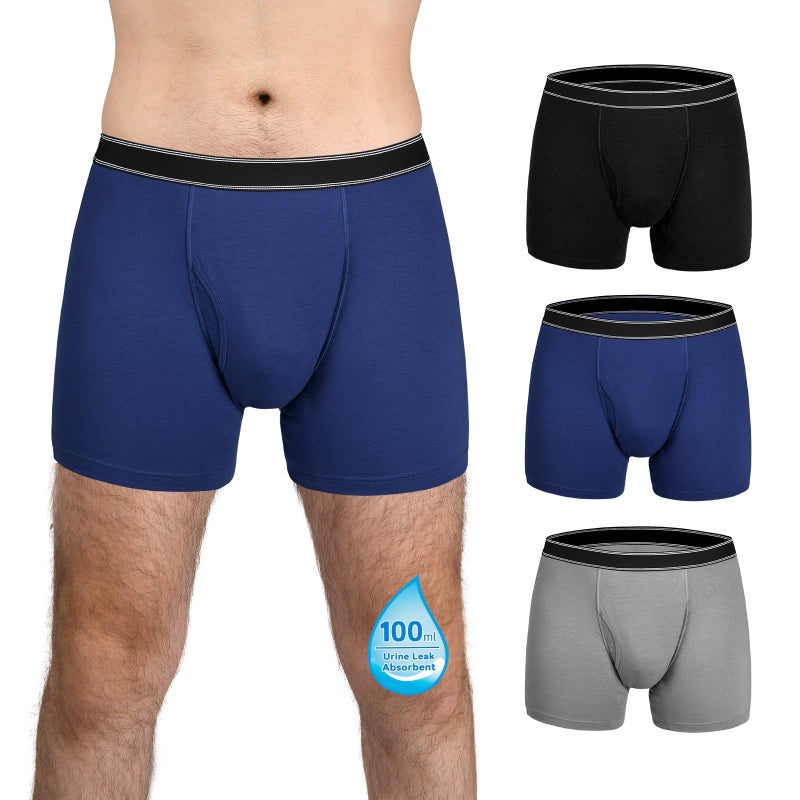 TIICHOO Washable Incontinence Underwear for Men with Front Fly Cotton Leakproof Underwear 3 PackLarge BlackGrayNavy