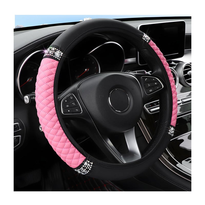 Osilly Bling Car Steering Wheel Cover 15 Inch Rhinestones Soft Leather Elastic Steering Wheel Protector Sparkly Crystal Diamond for Women Girls Car Interior Accessories for Most Cars Pink