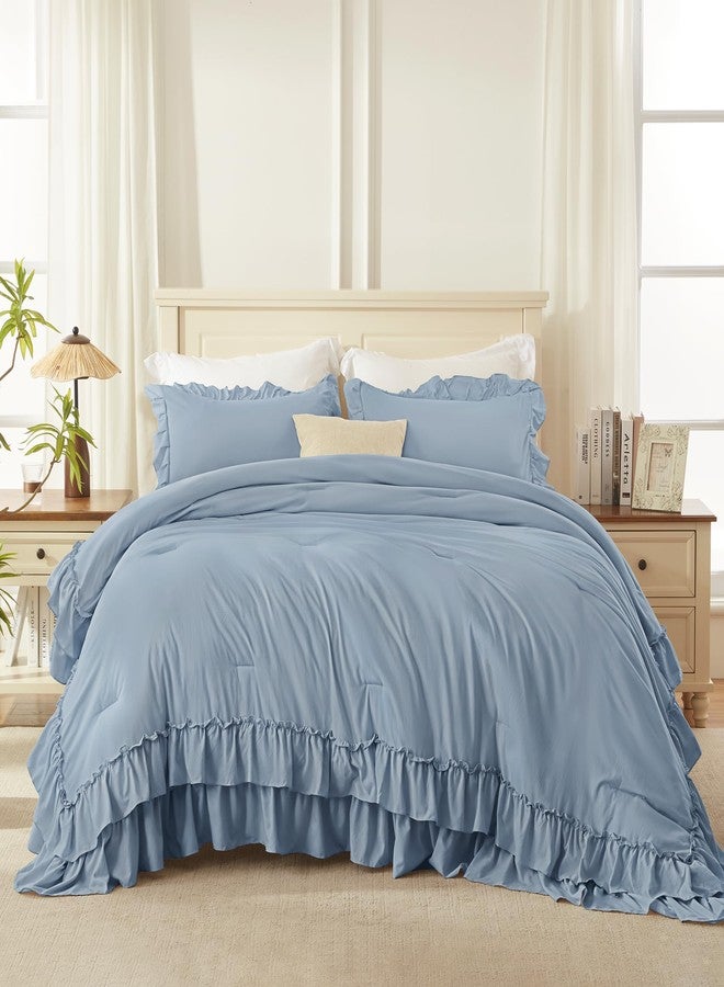 Andency Grayish Blue Full Size Comforter Set, 3 Pieces Lightweight Fluffy Shabby Chic Ruffle Bedding Comforter Sets, All Season Soft Microfiber Bed Set for Kids, Boys, Men(79x90Inch) - Image 4