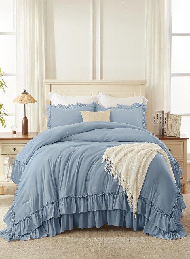 Andency Grayish Blue Full Size Comforter Set, 3 Pieces Lightweight Fluffy Shabby Chic Ruffle Bedding Comforter Sets, All Season Soft Microfiber Bed Set for Kids, Boys, Men(79x90Inch) - Image 3