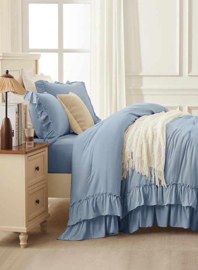 Andency Grayish Blue Full Size Comforter Set, 3 Pieces Lightweight Fluffy Shabby Chic Ruffle Bedding Comforter Sets, All Season Soft Microfiber Bed Set for Kids, Boys, Men(79x90Inch) - Image 5