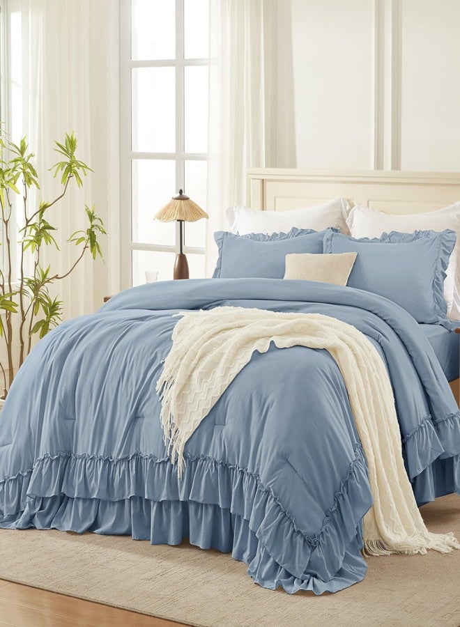 Andency Grayish Blue Full Size Comforter Set, 3 Pieces Lightweight Fluffy Shabby Chic Ruffle Bedding Comforter Sets, All Season Soft Microfiber Bed Set for Kids, Boys, Men(79x90Inch) - Image 1