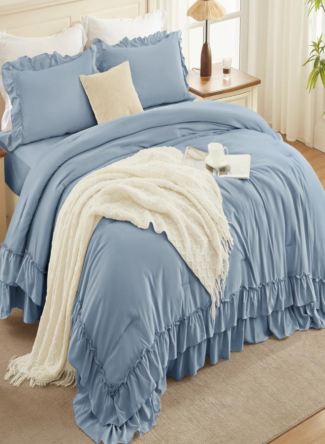 Andency Grayish Blue Full Size Comforter Set, 3 Pieces Lightweight Fluffy Shabby Chic Ruffle Bedding Comforter Sets, All Season Soft Microfiber Bed Set for Kids, Boys, Men(79x90Inch) - Image 2