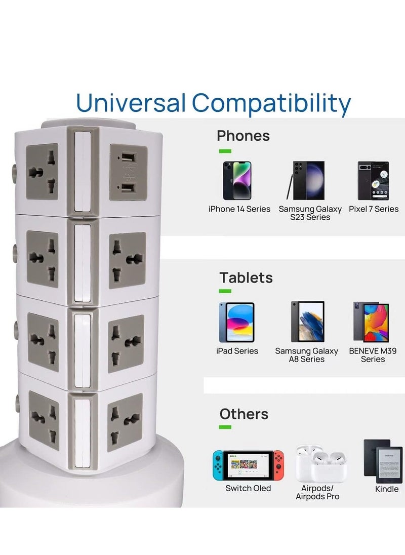 ELTRAZONE Universal Vertical Tower Power Strip – Multi-Socket (110V-250V) with 2 USB Ports, Surge Protector Charging Station, 4-Layer Design for Worldwide Use - Image 1