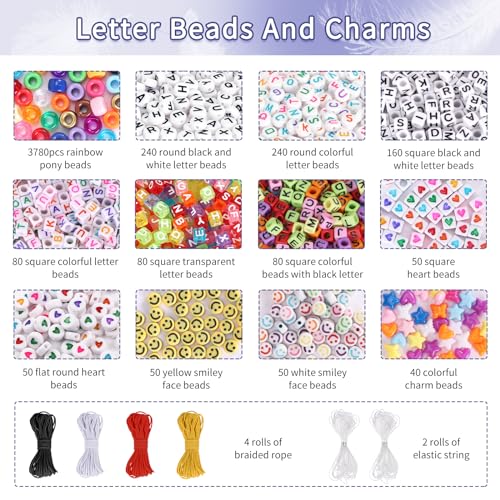 QUEFE 4900pcs Pony Beads Kandi Bracelet Kit, Friendship Bracelet Making Kit with 84 Colors Kandi Beads, Hair Beads and Letter Heart for Craft Gifts Bracelets Jewelry Making with Elastic Strings - Image 4