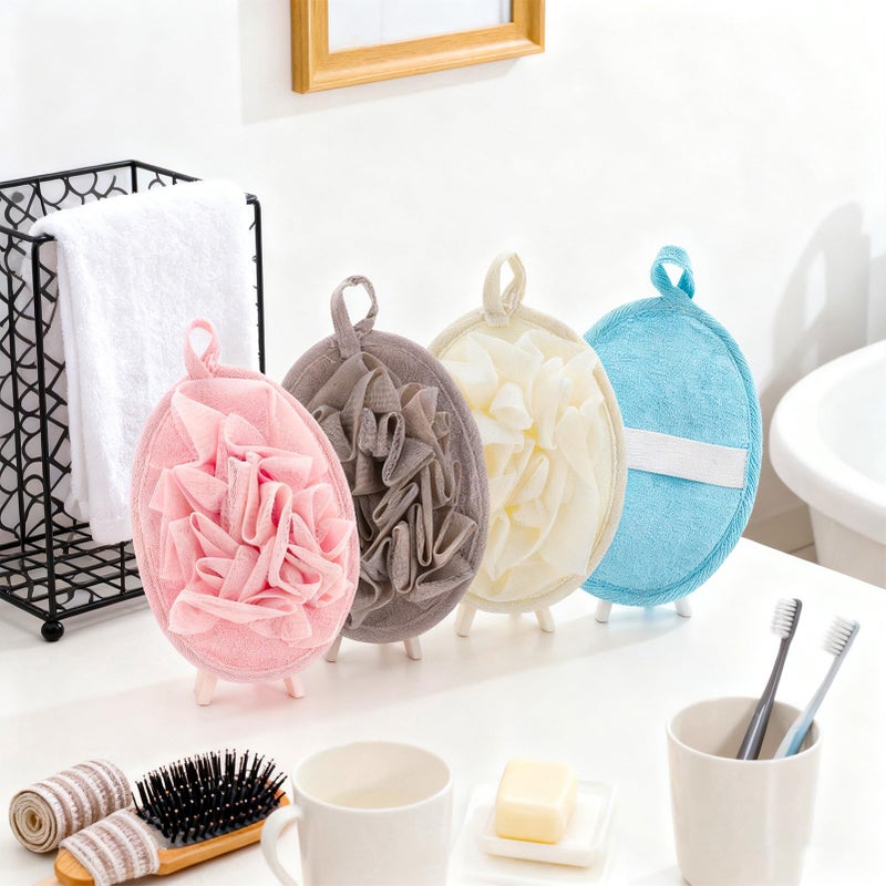 ZhouBoat 4 PCS Exfoliating Bath Sponges Soft Loofah Shower Scrubber with Elastic Hand Strap for Women Men Gentle Skin Cleansing Body Wash Towel Pouf Pink, Blue, White, Gray - Image 4