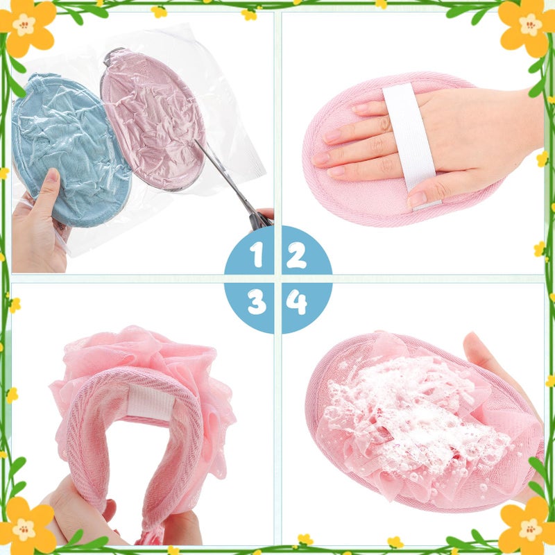 ZhouBoat 4 PCS Exfoliating Bath Sponges Soft Loofah Shower Scrubber with Elastic Hand Strap for Women Men Gentle Skin Cleansing Body Wash Towel Pouf Pink, Blue, White, Gray - Image 5