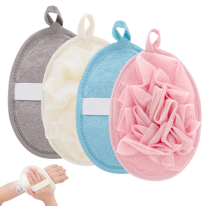 ZhouBoat 4 PCS Exfoliating Bath Sponges Soft Loofah Shower Scrubber with Elastic Hand Strap for Women Men Gentle Skin Cleansing Body Wash Towel Pouf Pink, Blue, White, Gray - Image 1