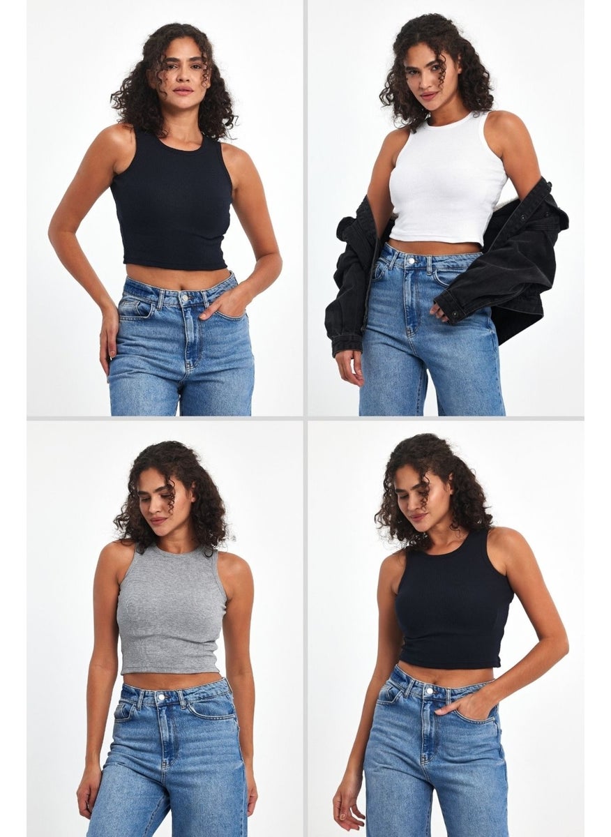 Women's Black-White-Grey-Navy Blue Ribbed Look Strap Thick Flexible Knitted 4-Piece Basic Crop Athlete Blouse - pzsku/ZA9F24A28AD5358721593Z/45/_/1741264876/7020ecf5-51f9-43bb-be61-1f7af433b2df