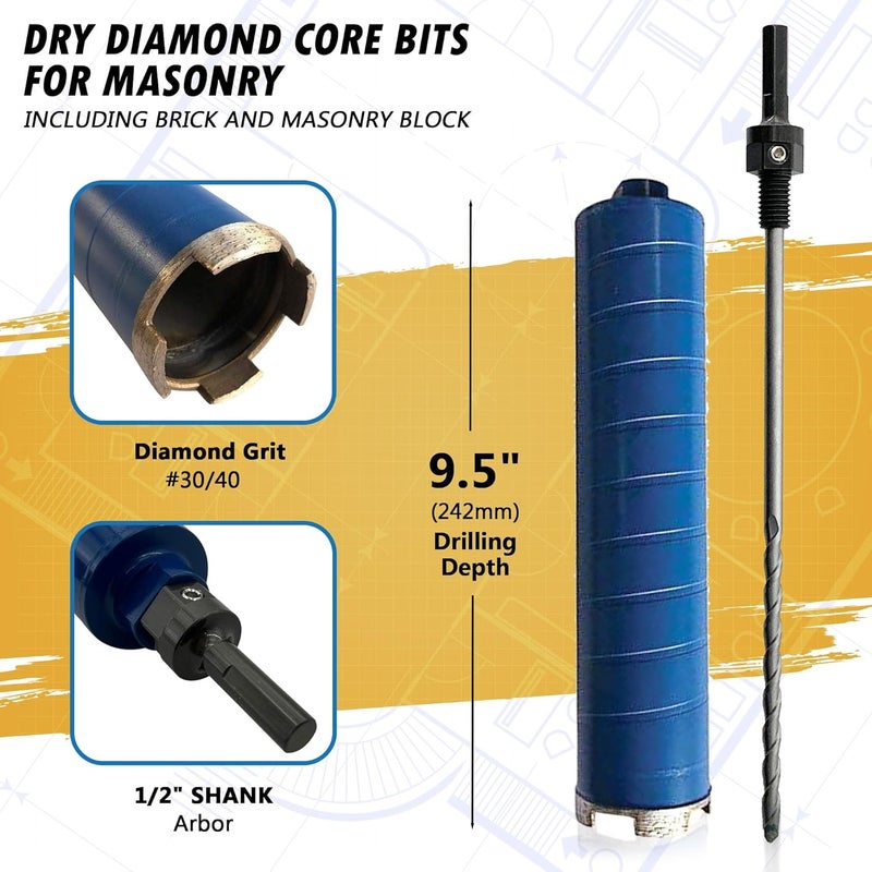EDiamondTools 2-1/2" Dry Diamond Core Drill Bits for Brick and Block with 1/2" Shank Pilot Bit Adapter, 9.5" Drilling Depth, 5/8"-11 Arbor - Image 2