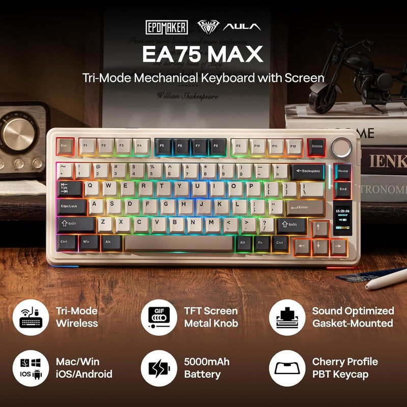 EPOMAKER X Aula EA75 MAX Wireless Gaming Keyboard with Screen & Knob, 5000mAh, Hot-Swap, Lubed Switches, RGB Backlit, Creamy Gasket, 75% Mechanical Keyboard (Retro White, Silent Cotton Candy Switch) - Image 2