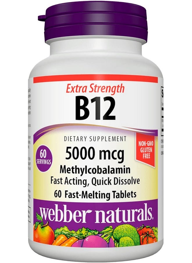 Webber naturals Vitamin B12 5000 Mcg 60 Fastmelting Quick Dissolve Tablets Supports Energy Production And Metabolism Gluten Free Nongmo Vegetarian  - Image 1