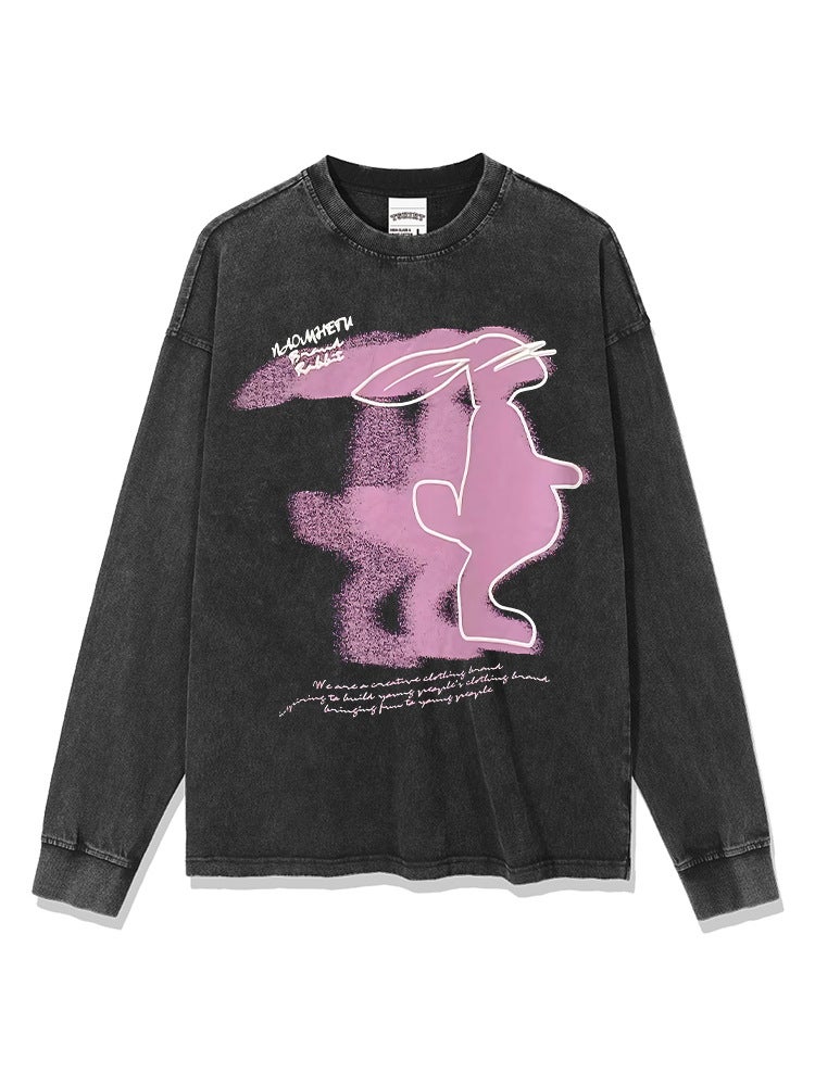 New Retro Rabbit Print American Style All-match Short-sleeved T-shirt vintage Heavy Cotton Trendy Men's Base Shirt Top - Image 5