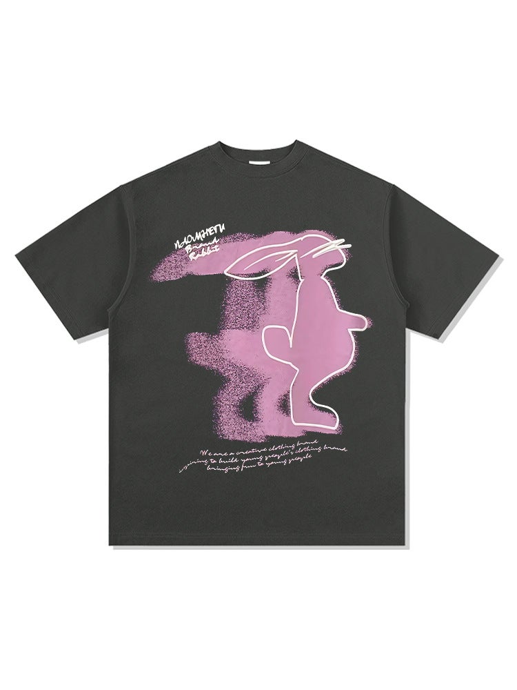New Retro Rabbit Print American Style All-match Short-sleeved T-shirt vintage Heavy Cotton Trendy Men's Base Shirt Top - Image 4