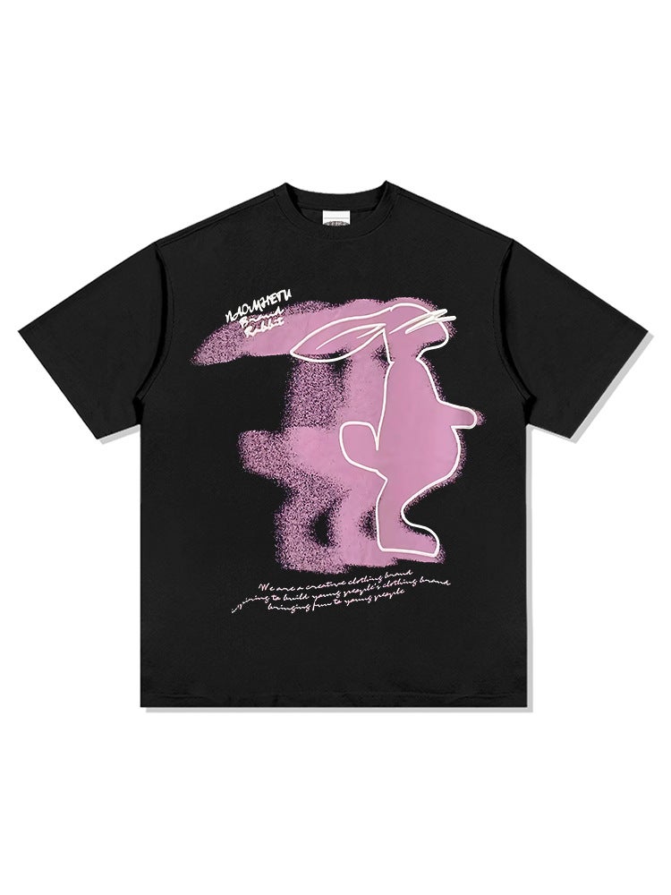 New Retro Rabbit Print American Style All-match Short-sleeved T-shirt vintage Heavy Cotton Trendy Men's Base Shirt Top - Image 3