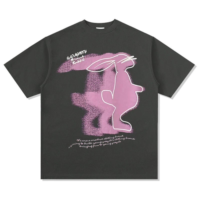 New Retro Rabbit Print American Style All-match Short-sleeved T-shirt vintage Heavy Cotton Trendy Men's Base Shirt Top - Image 1