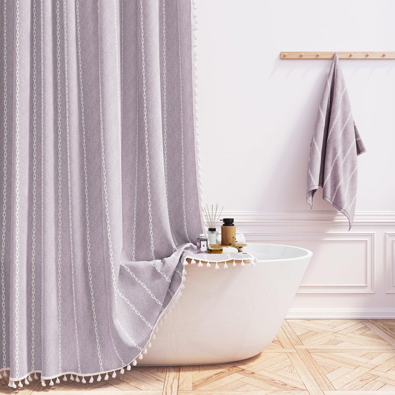 BTTN Boho Farmhouse Shower Curtain, Linen Rustic Weighted Striped Fabric with Tassel, Water Repellent, Modern Bohemian Vintage Country Cloth for Bathroom, Lavender, 72x72 - Image 1